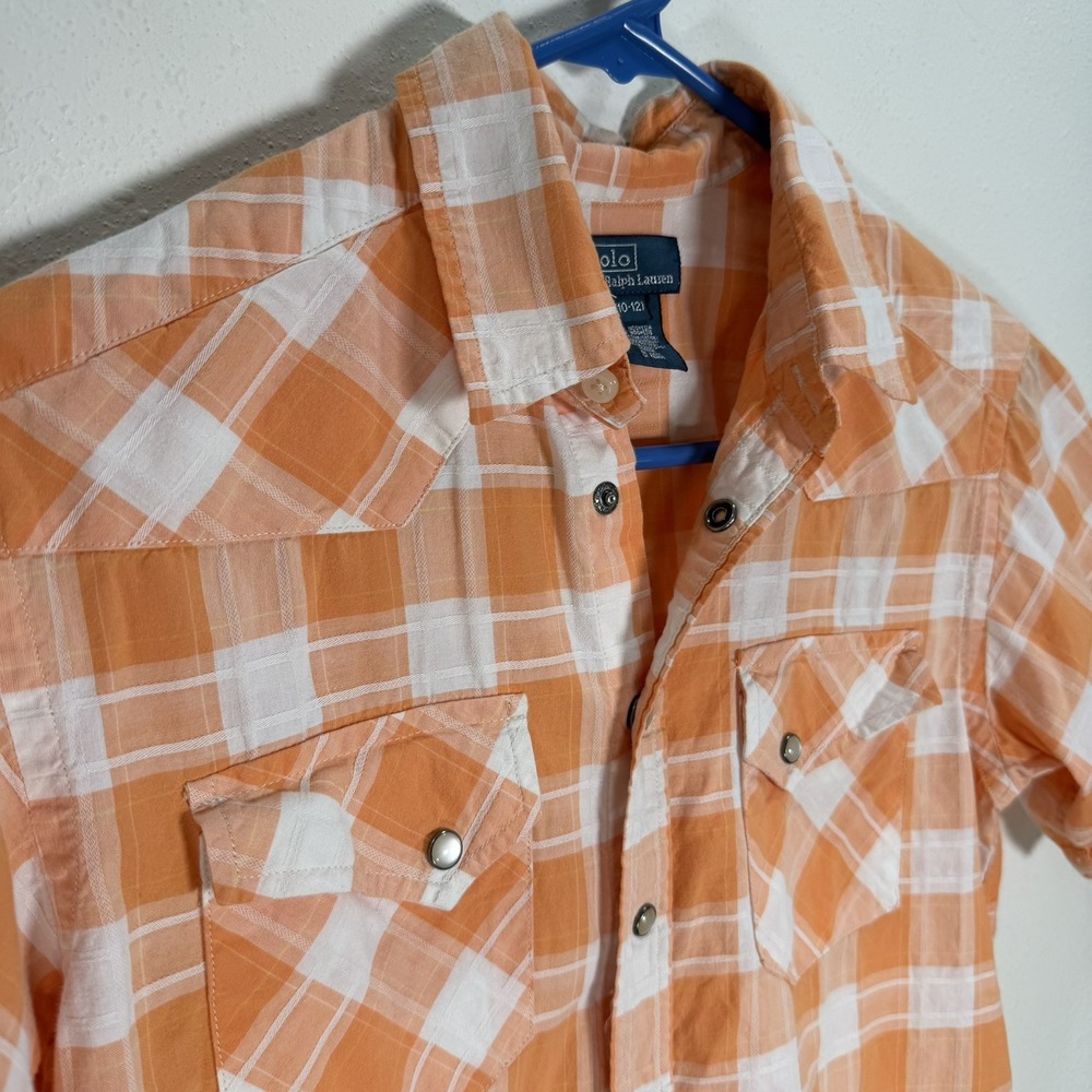 Polo Ralph Lauren Western Shirt Boys Sz M Orange Plaid Pearl Snap Short Sleeve